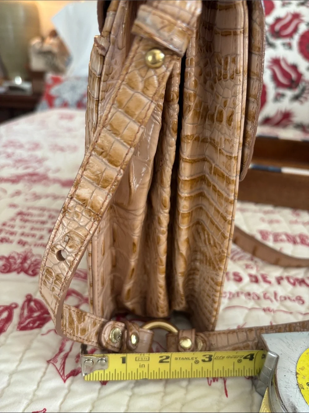 Brahmin Olivia Rose Tan Croc-Embossed Leather Satchel with Gold Hardware